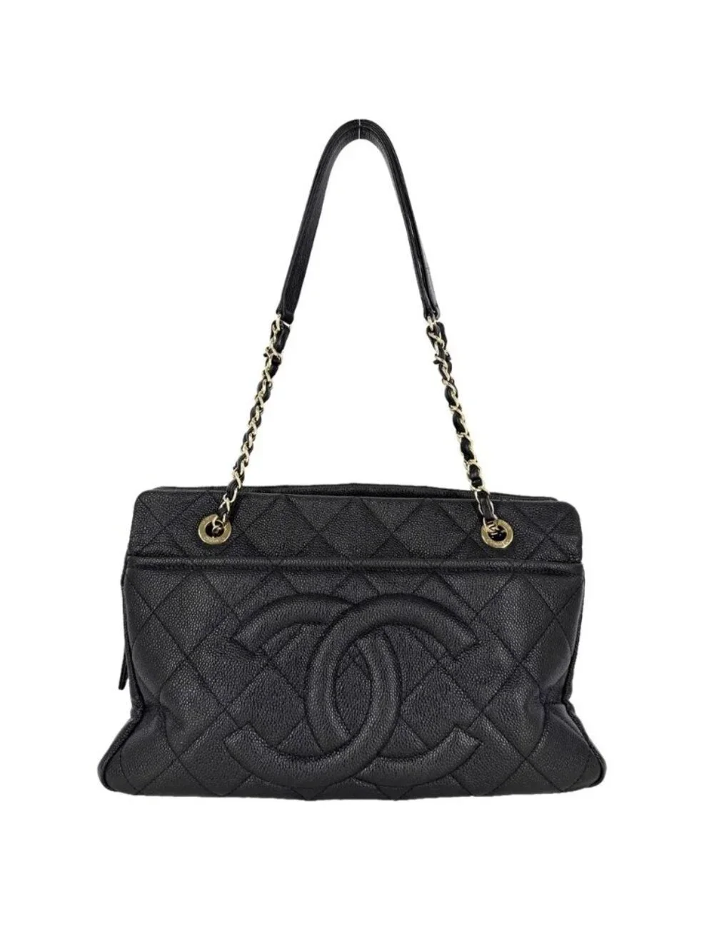 Chanel Handbag Quilted Chain Tote CC Logo Shoulder Caviar Leather Black Gold